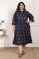 Plus Size Blue Cotton Flared Frock Style-600001