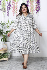 Plus Size White Cotton Blend Flared Frock Style-600006