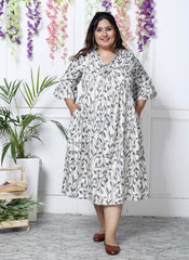 Plus Size White Cotton Blend Flared Frock Style-600006