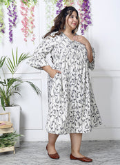 Plus Size White Cotton Blend Flared Frock Style-600006