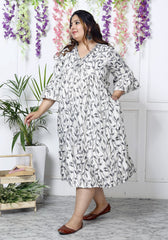Plus Size White Cotton Blend Flared Frock Style-600006