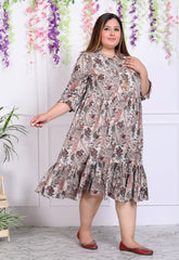 Plus Size Beige Cotton Blend Floral Print Flared Frock Style-600009