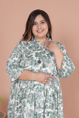 Plus Size Green Cotton Blend Flared Frock Style -600011