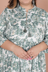 Plus Size Green Cotton Blend Flared Frock Style -600011