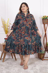 Plus Size Green Cotton Blend Flared Frock Style-600013
