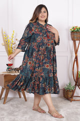 Plus Size Green Cotton Blend Flared Frock Style-600013
