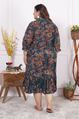 Plus Size Green Cotton Blend Flared Frock Style-600013