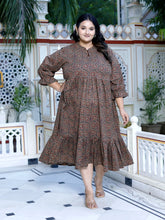 Plus Size Brown Cotton Flared Frock Style-600016