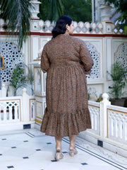 Plus Size Brown Cotton Flared Frock Style-600016