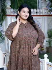 Plus Size Brown Cotton Flared Frock Style-600016