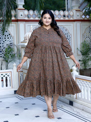 Plus Size Brown Cotton Flared Frock Style-600016