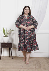 Plus Size Black Cotton Flared Frock Style-600020