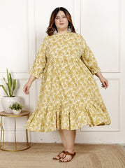 Plus Size Yellow Cotton  Flared Frock Style-600023