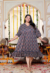 Plus Size Blue Cotton Flared Frock Style-600025