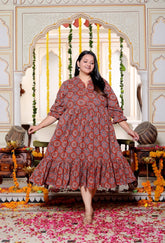 Plus Size Red Cotton  Flared Frock Style-600026