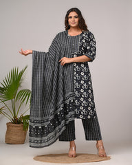 Plus Size Hand Work Black Cotton Printed Kurta Pant Set with Dupatta-800045