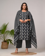 Plus Size Hand Work Black Cotton Printed Kurta Pant Set with Dupatta-800045