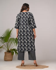 Plus Size Hand Work Black Cotton Printed Kurta Pant Set with Dupatta-800045