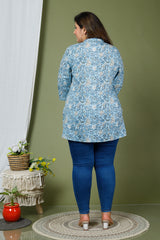Plus Size Blue Cotton Floral Print Short Kurta-631