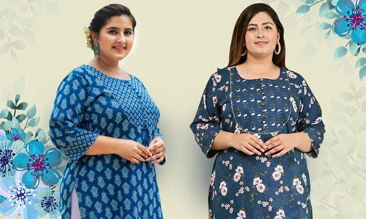 Two women wearing different blue printed kurti dresses posing against a floral decorated background