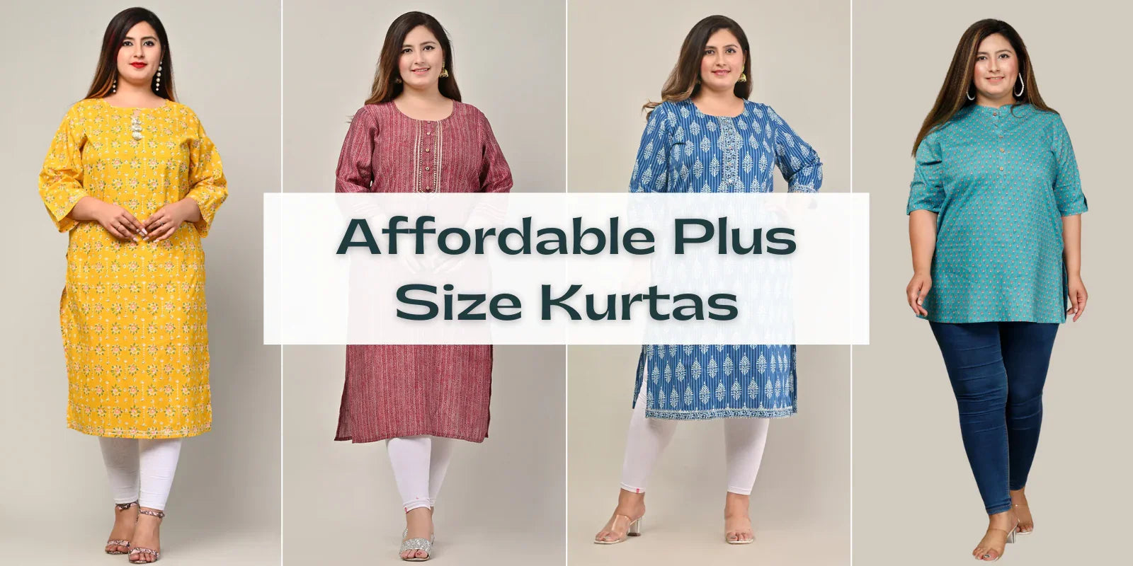 Plus size models showcasing affordable kurtas in yellow, maroon, blue, and teal prints