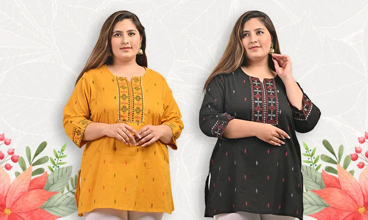Woman modeling affordable workwear kurtis in mustard yellow and black with embroidery, floral background
