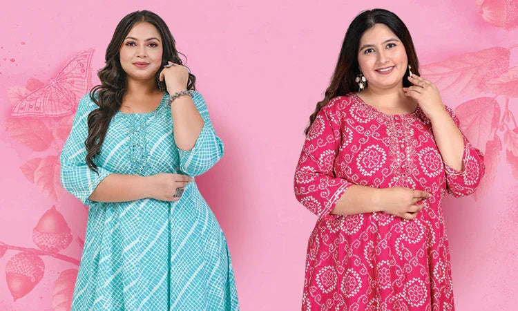 Two women wearing beautiful printed ethnic kurtis, one in turquoise and white, the other in red with white patterns, posing against a pink background