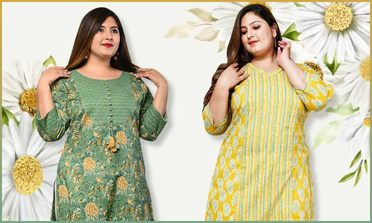 Two women wearing stylish floral and patterned kurtis in green and yellow with white floral background