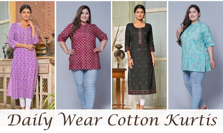 Four women modeling daily wear cotton kurtis in purple, maroon, black, and blue floral prints with leggings