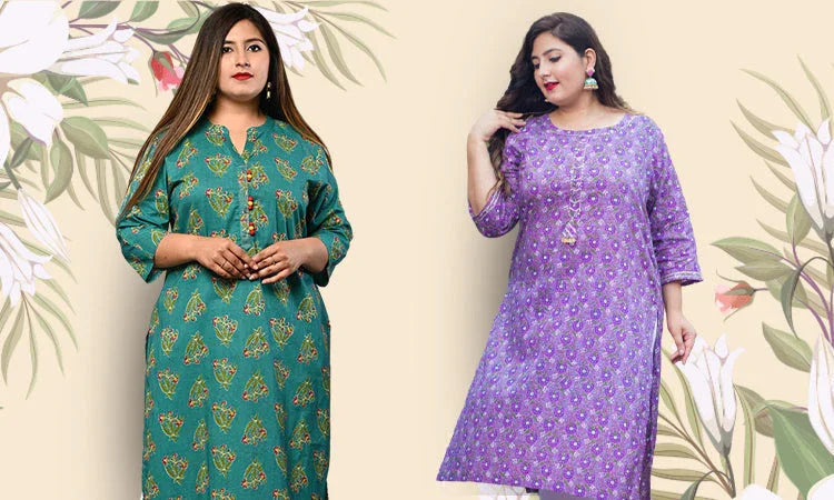 Plus size women wearing vibrant green and purple ethnic kurta dresses with floral prints against a beige floral backdrop