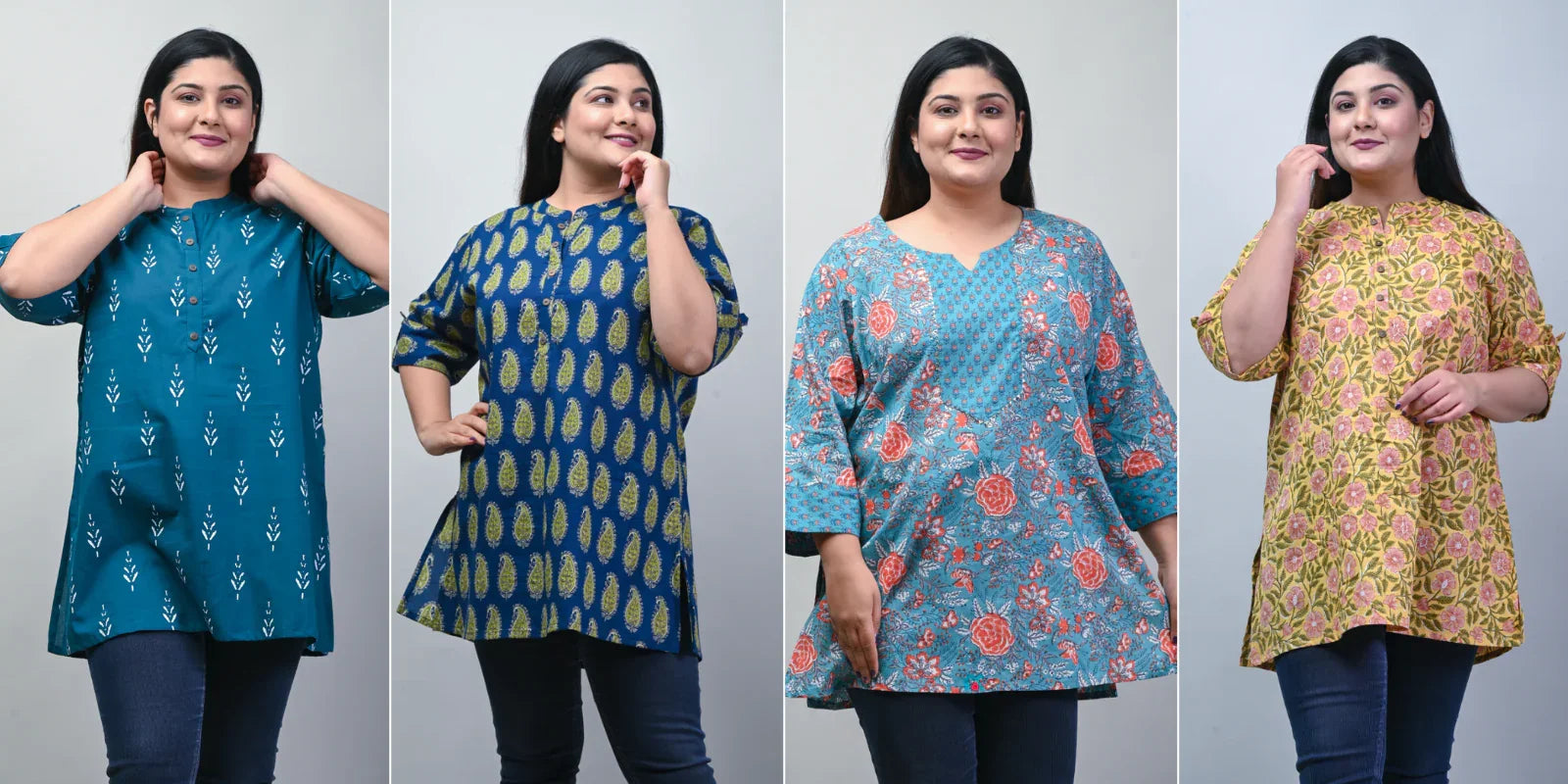 Plus size woman modeling four stylish short kurtas in blue, navy, teal floral, and yellow floral prints