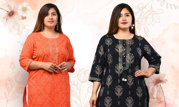 Two women wearing stylish printed kurtas in orange and black, posing against a floral background