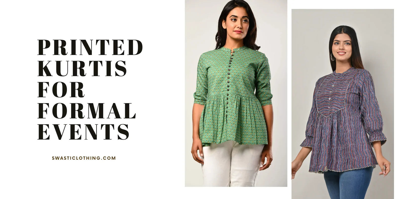 Two women wearing stylish printed kurtis styled for formal events with ethnic patterns
