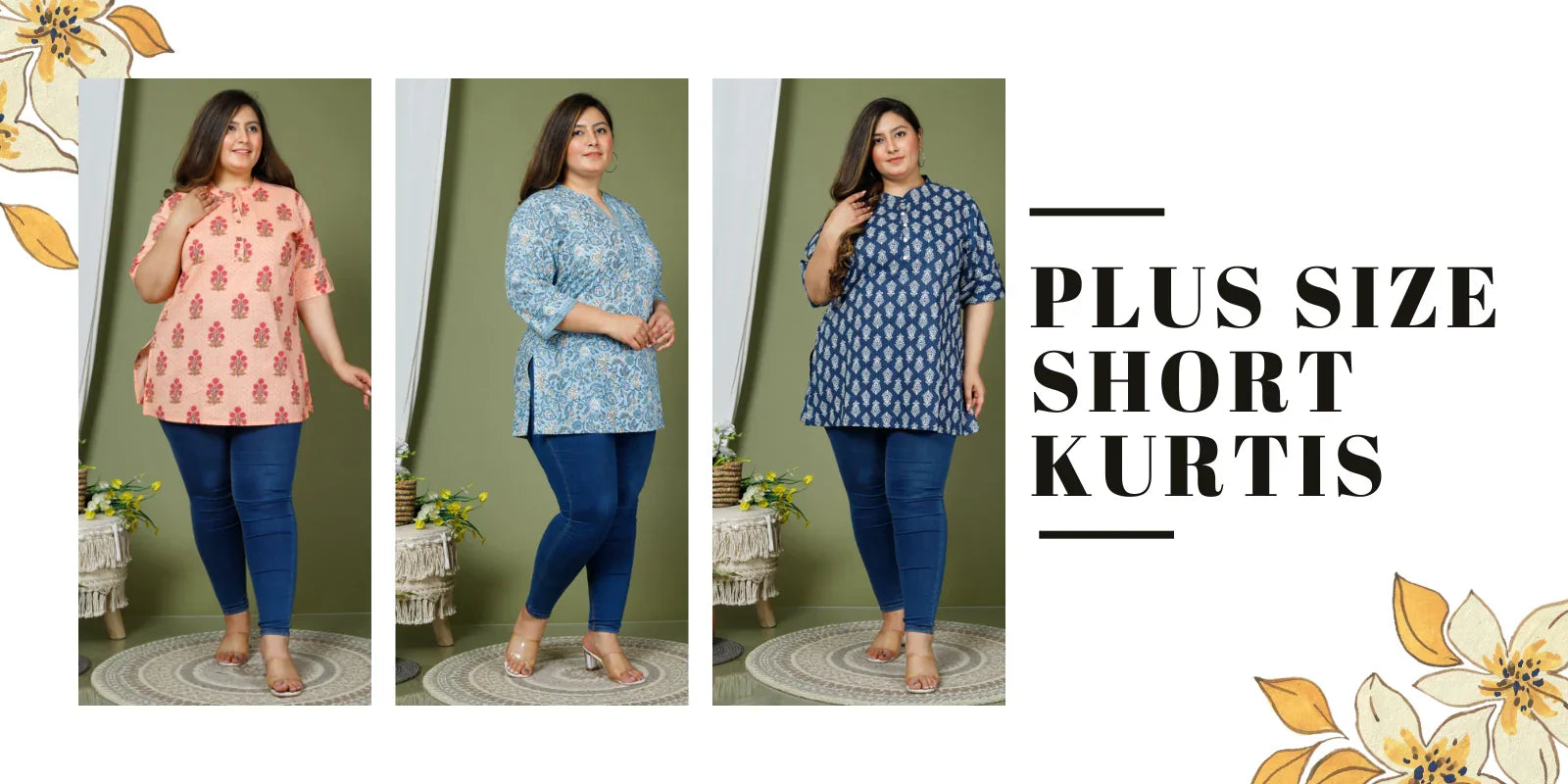Plus size model wearing short kurtis in peach, light blue, and navy blue paired with dark blue leggings