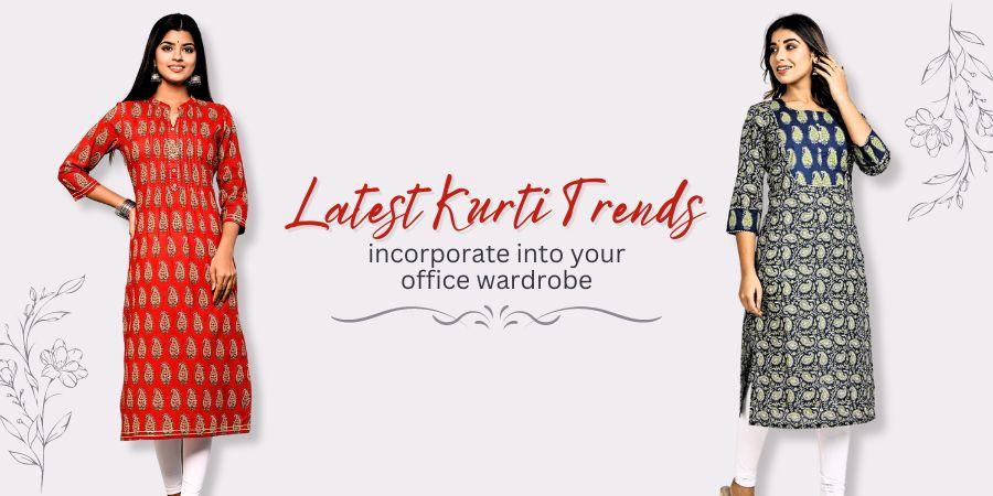 Two women modeling latest kurti trends for office wear, one in red with gold patterns, one in navy blue with floral prints