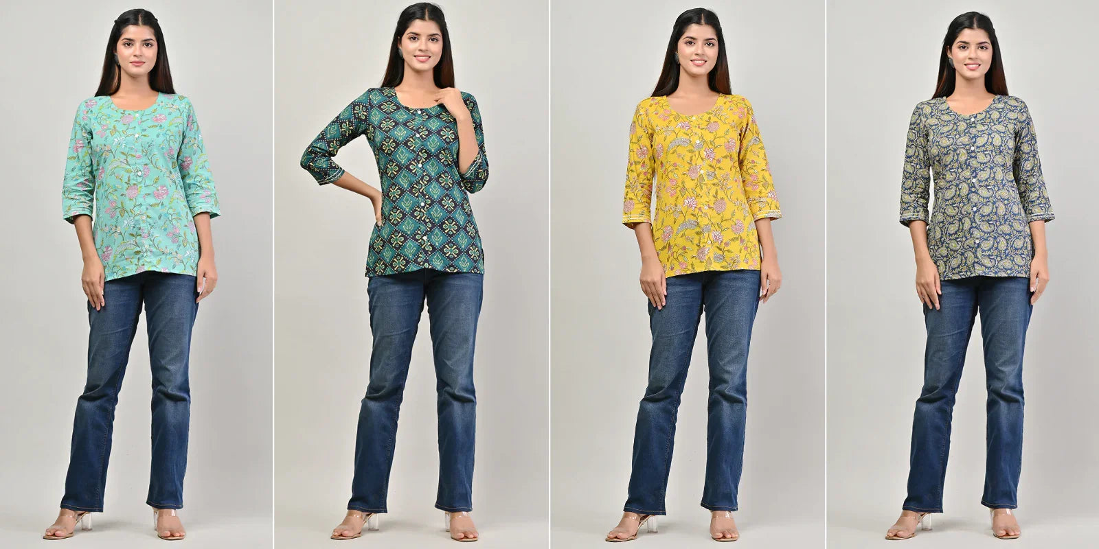Woman modeling various stylish office wear kurtas with floral and geometric prints paired with blue jeans
