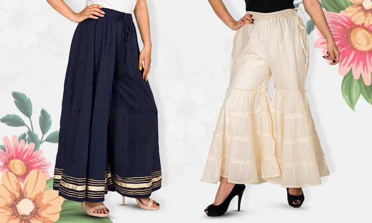 Women wearing stylish navy blue and cream wide-leg palazzo pants with floral background