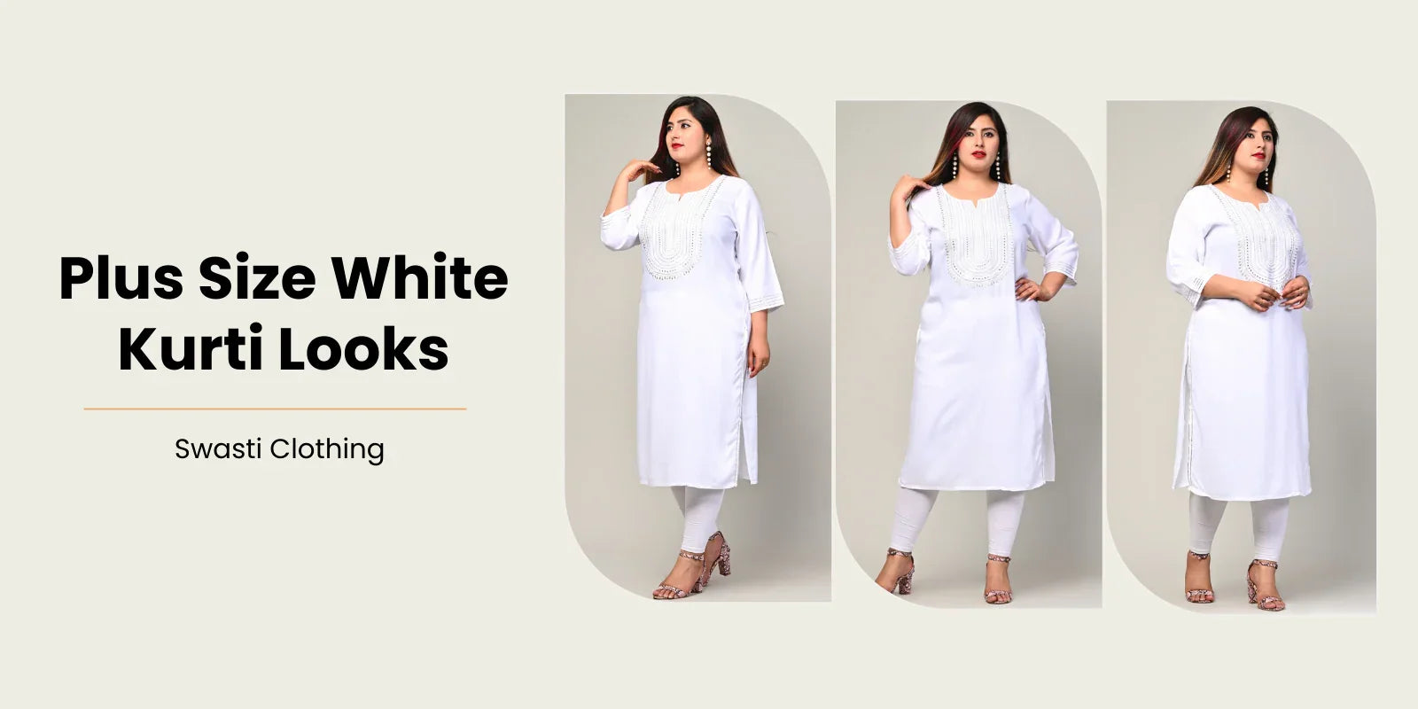Plus size model showcasing elegant white embroidered kurti with leggings and heels on neutral background