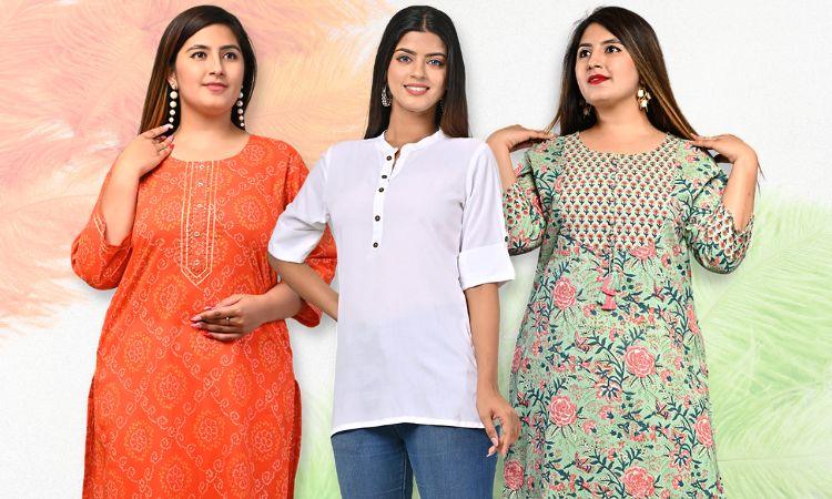Three women showcasing stylish kurtas with floral and solid patterns on a light background