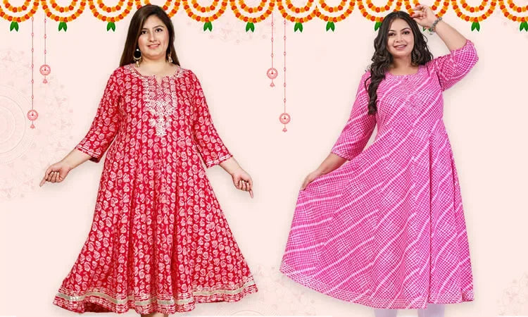 Two women in traditional Indian Anarkali dresses, one in red with floral pattern and gold border, the other in pink with abstract design, standing against a festive decorated background