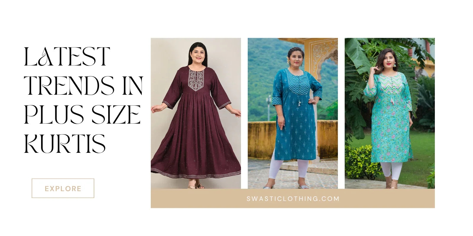 Plus size women modeling trendy kurtis in maroon, teal, and light green in outdoor and studio settings