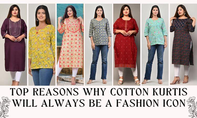 Seven women wearing colorful cotton kurtis in various prints and styles, showcasing stylish ethnic fashion