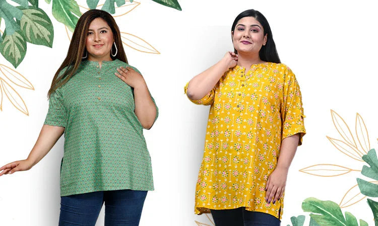 Plus size models wearing stylish short kurtas in green and yellow with floral prints, perfect for festive wear