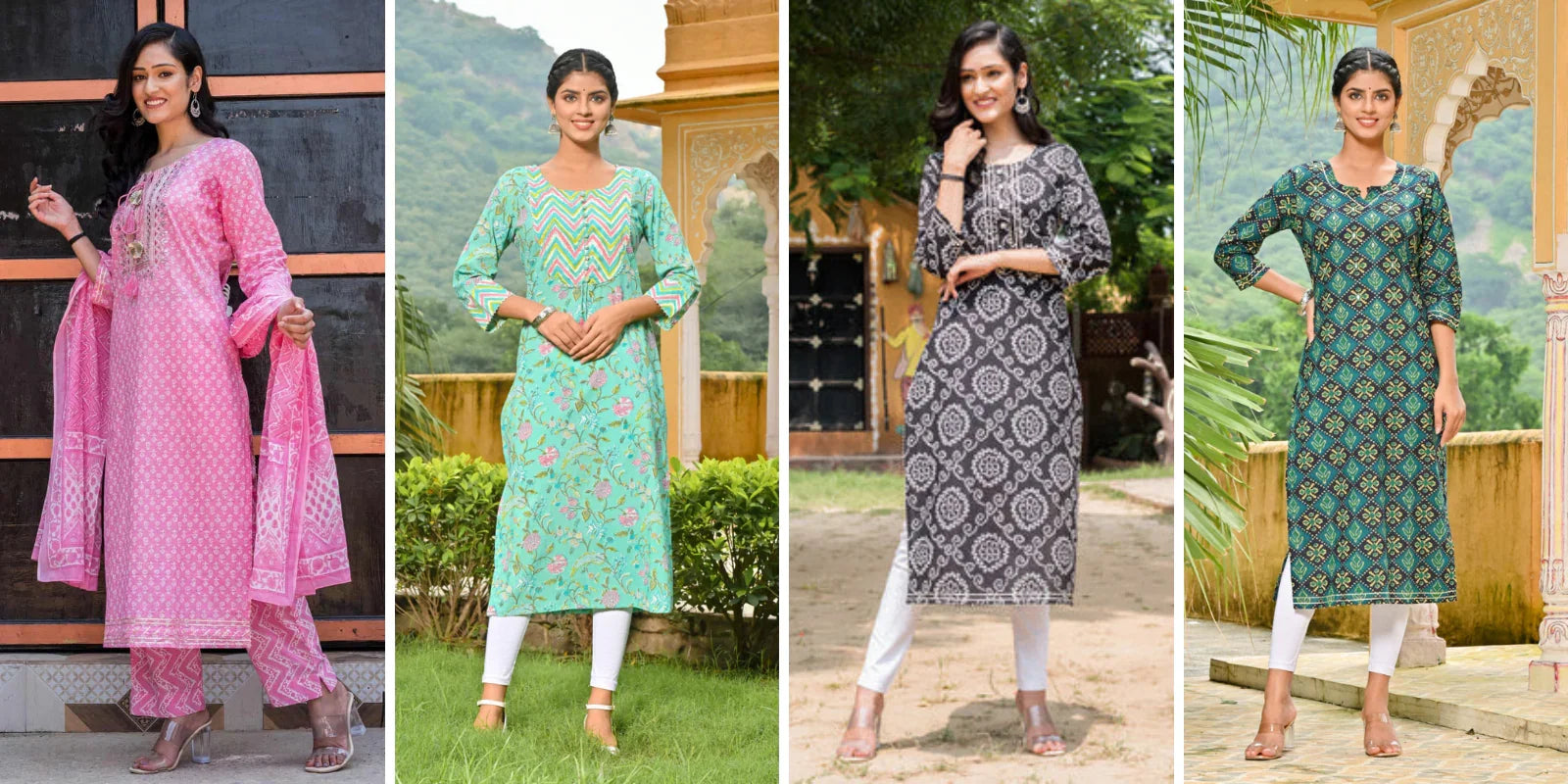 Four women modeling colorful churidar kurtas with ethnic patterns in outdoor and indoor settings