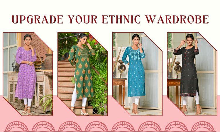 Plus size women modeling trendy ethnic kurtis in purple, green, blue, and black with white leggings