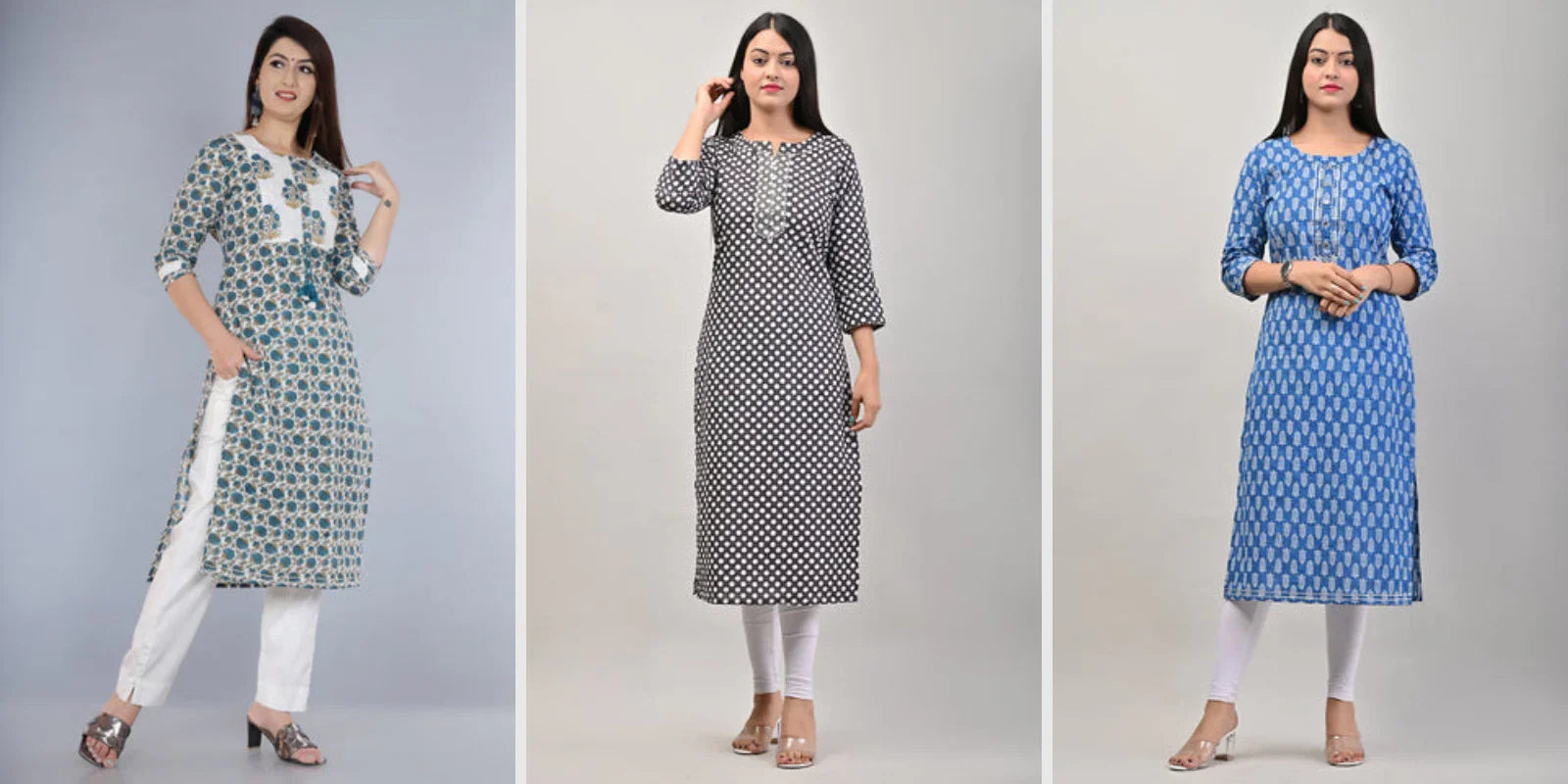 Three women modeling traditional printed kurtas in white pants against plain backgrounds