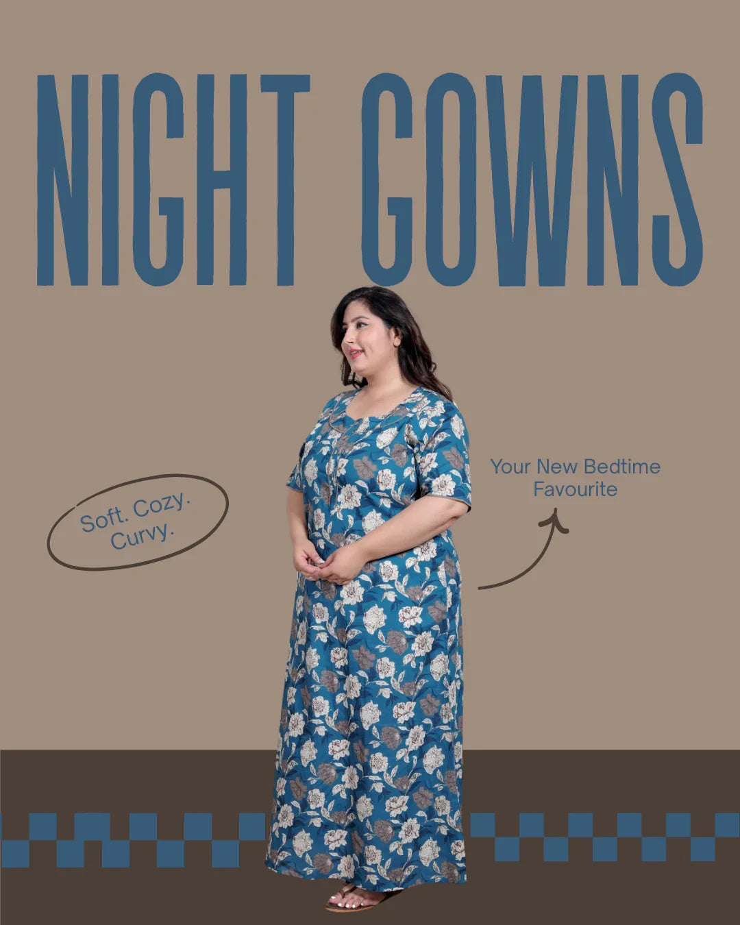Plus size woman wearing blue floral night gown, soft and cozy bedtime wear for curvy women