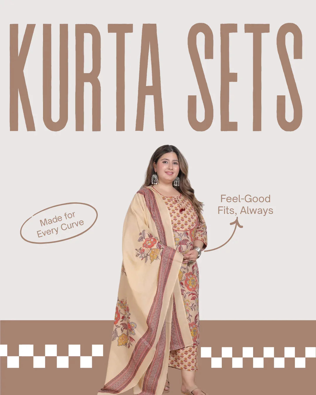 Curvy woman wearing beige floral printed kurta set with matching dupatta, promoting comfortable plus-size ethnic wear