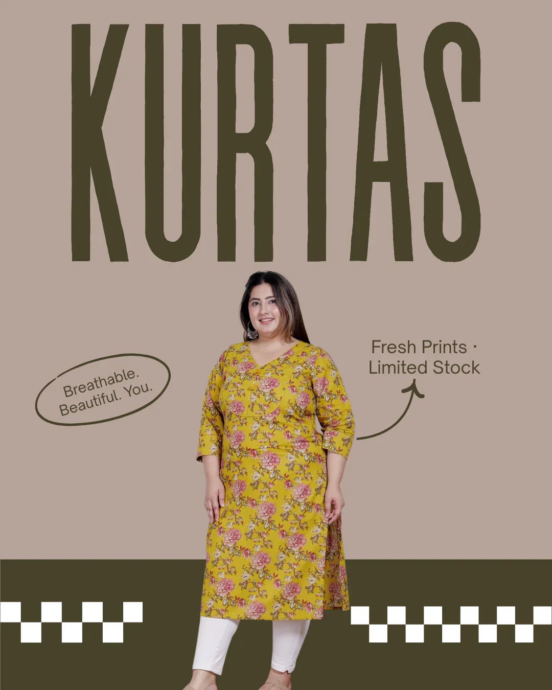Plus size woman in yellow floral kurta and white leggings, promoting breathable kurta with fresh prints