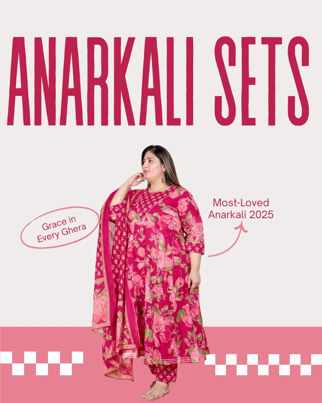 Plus-size woman modeling vibrant pink floral Anarkali set with matching dupatta and pants